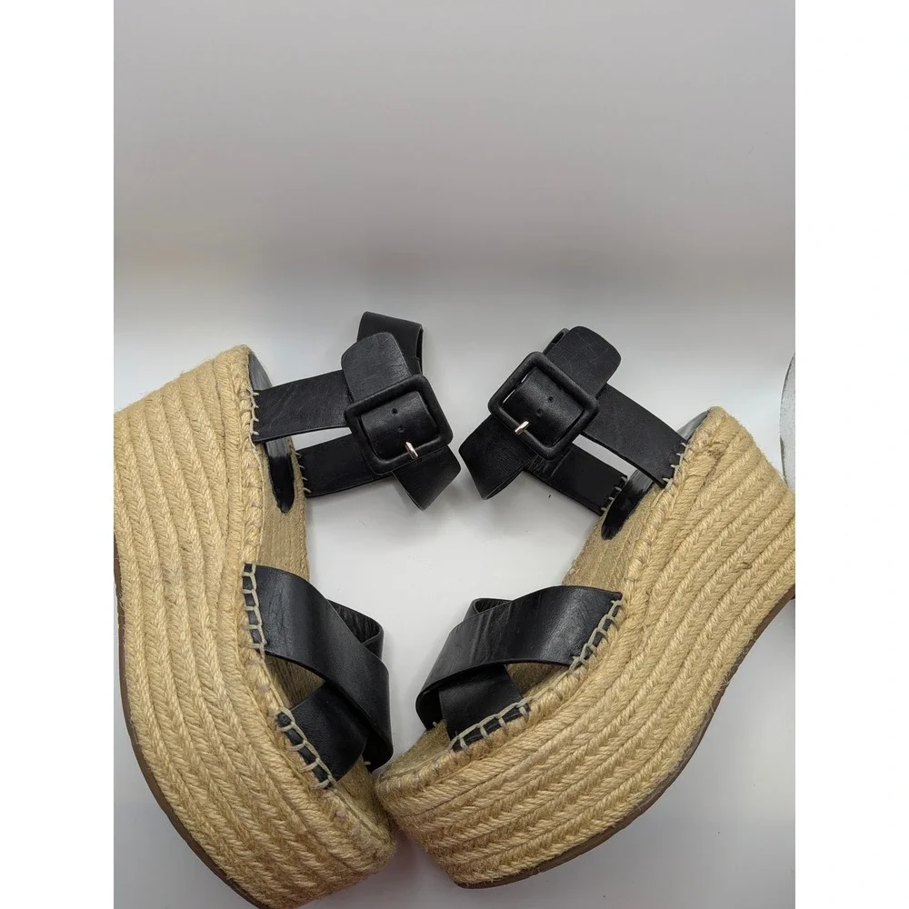 Marc Fisher LTD Adalyn Black Leather Espadrille Wedge Sandals Womens 7M